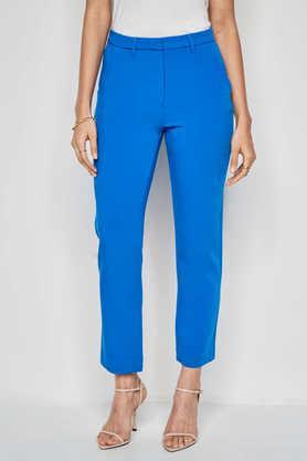 solid tapered fit polyester women's formal wear pant - blasted blue