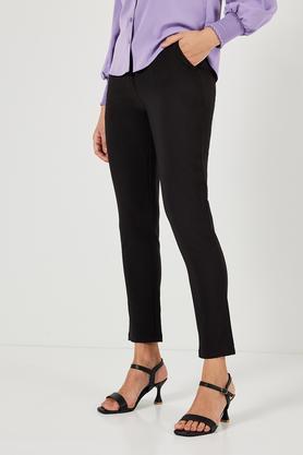 solid tapered fit polyester women's formal wear trousers - black