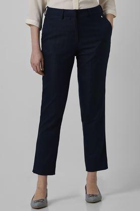 solid tapered fit polyester women's formal wear trousers - navy