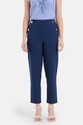 solid tapered fit polyester women's formal wear trousers - navy