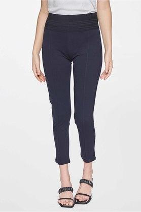 solid tapered fit rayon women's trousers - navy