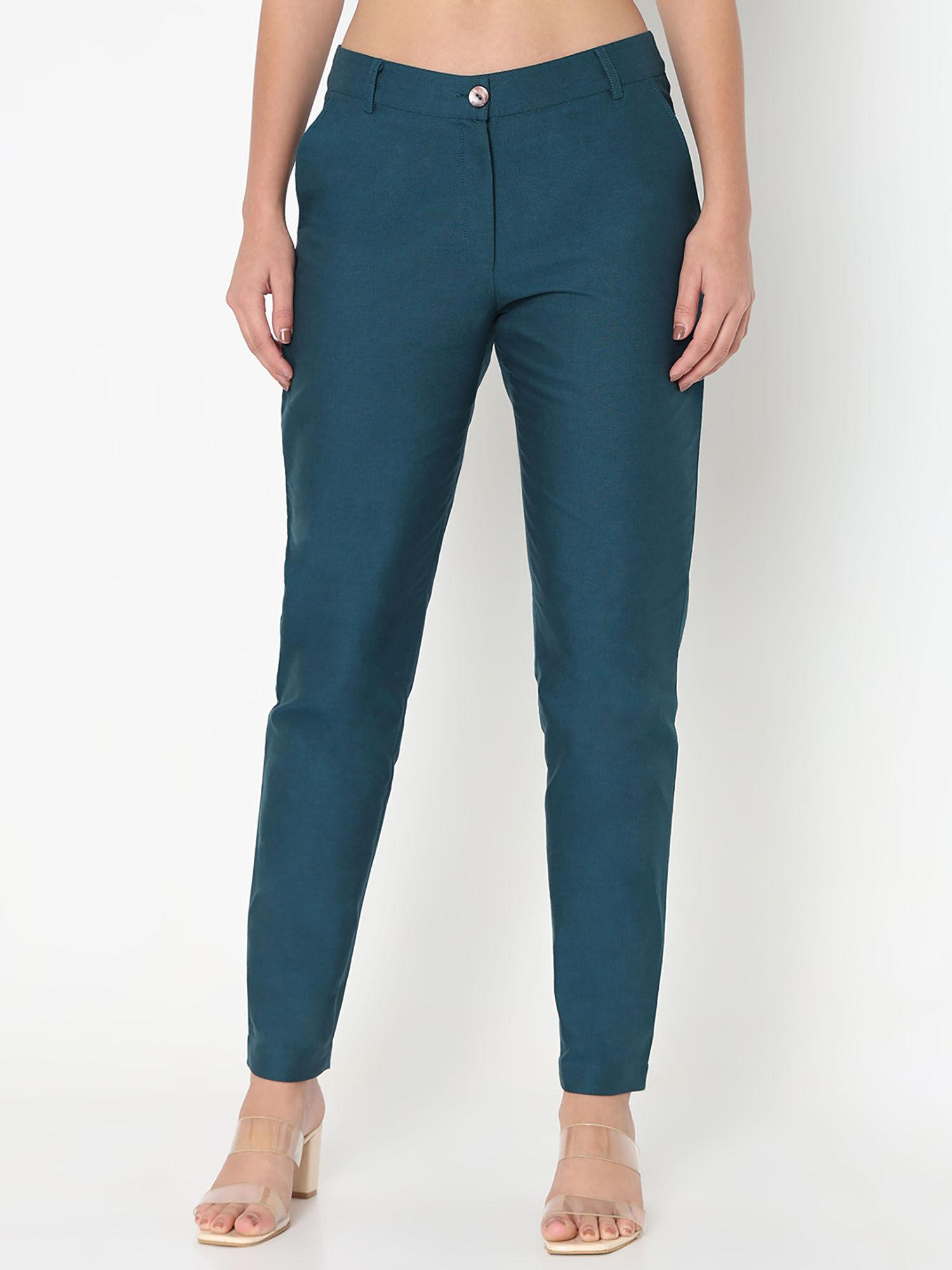 solid teal mid waist straight fit trouser