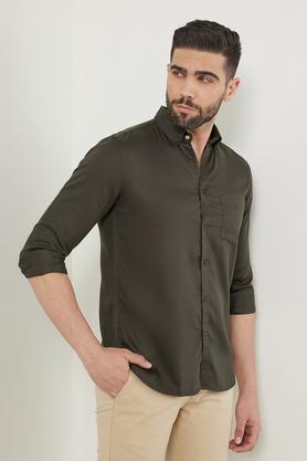 solid tencel slim fit men's casual shirt - olive