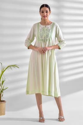 solid tie up neck� rayon women's calf length dress - green