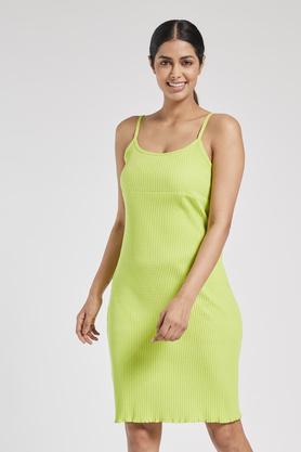 solid tie up neck cotton women's knee length dress - lime green