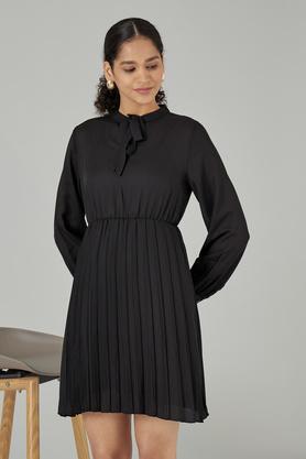 solid tie up neck polyester women's midi dress - black