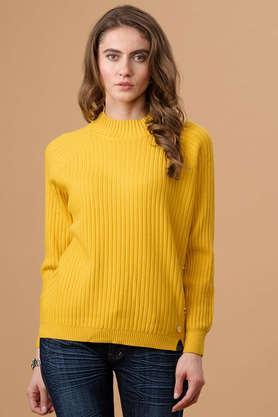 solid turtle neck acrylic women's casual wear sweater - mustard