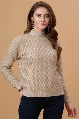 solid turtle neck acrylic women's casual wear sweater - natural