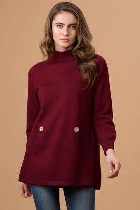 solid turtle neck acrylic women's casual wear sweater - wine