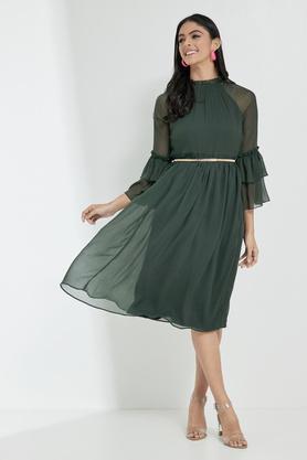 solid turtle neck polyester women's midi dress - bottle green