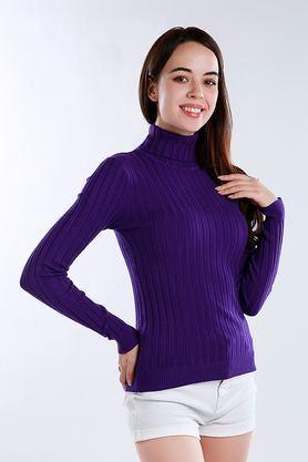 solid turtle neck viscose women's casual wear sweatshirt - purple