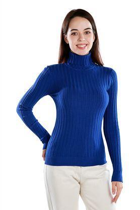 solid turtle neck viscose women's casual wear sweatshirt - royal blue