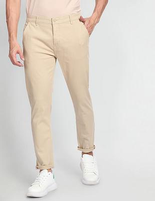 solid twill slim tapered casual trousers
