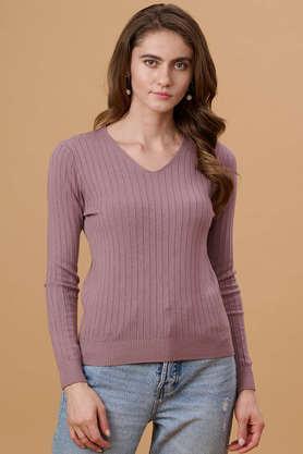 solid v-neck acrylic women's casual wear sweater - aubergine