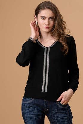 solid v-neck acrylic women's casual wear sweater - black