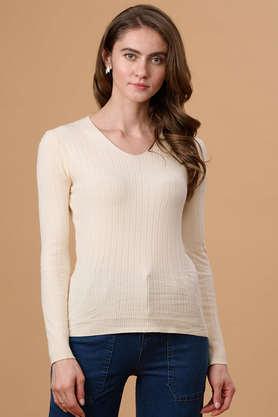 solid v-neck acrylic women's casual wear sweater - cream
