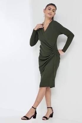 solid v neck acrylic women's midi dress - olive