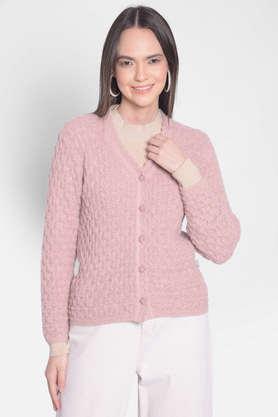 solid v-neck blended fabric women's casual wear cardigan - pink