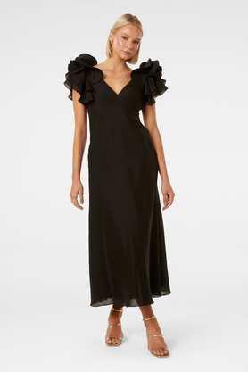 solid v-neck blended fabric women's dress - black