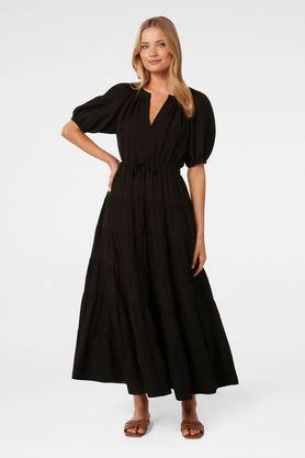 solid v-neck blended fabric women's dress - black