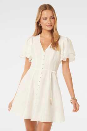 solid v-neck blended fabric women's dress - white