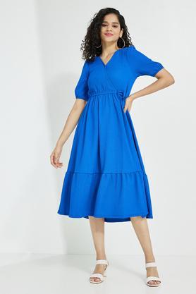 solid v neck blended women's midi dress - blue