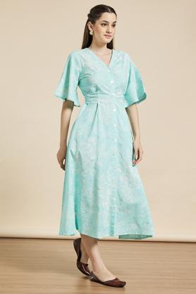 solid v neck cotton blend women's midi dress - aqua