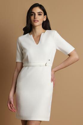 solid v-neck cotton blend women's mini dress - white