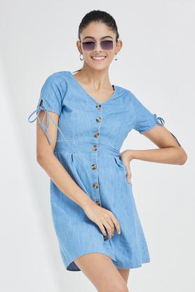 solid v neck cotton blend womens knee length dress - blue