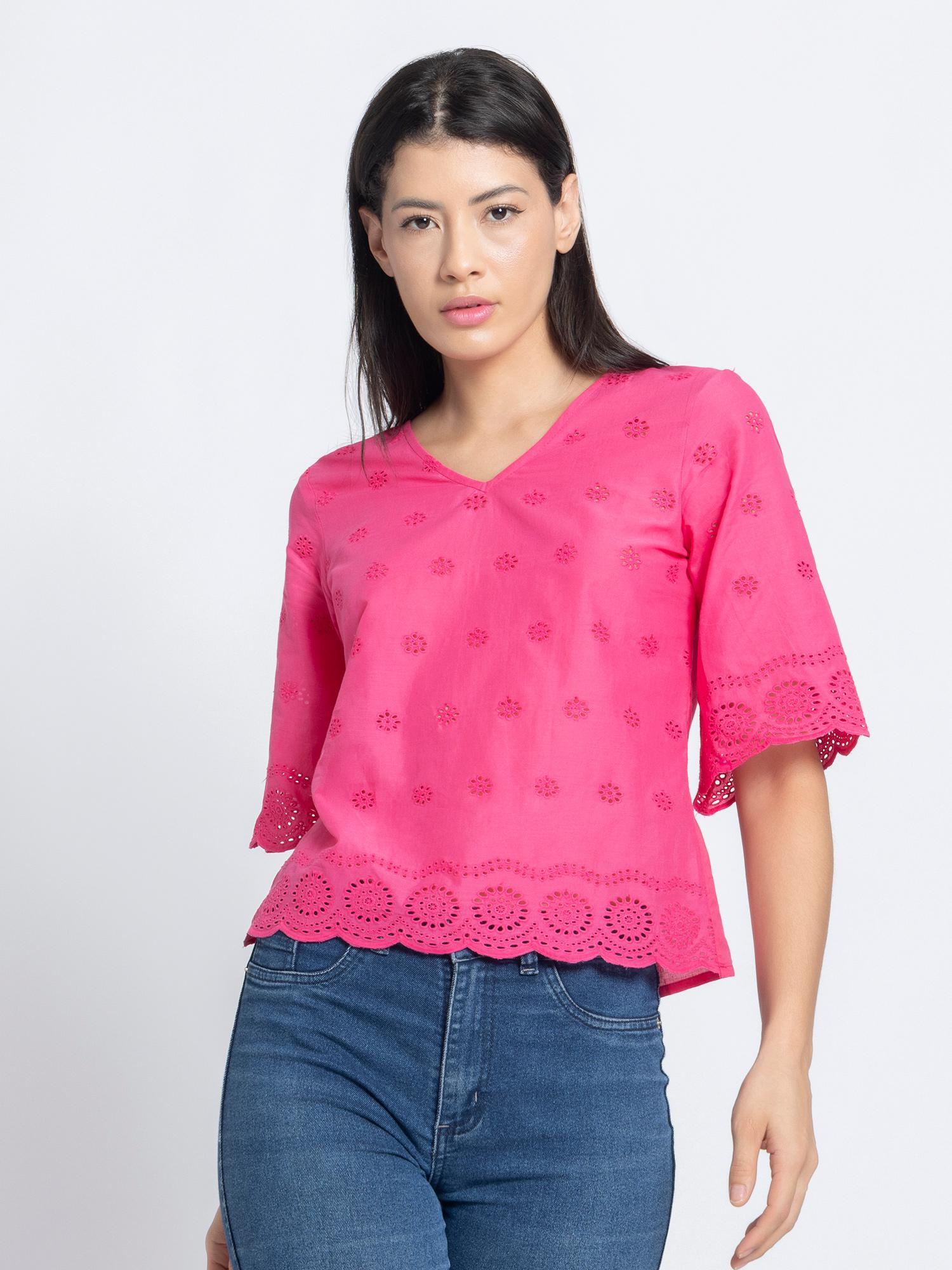 solid v-neck cotton schiffli lace top