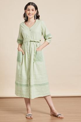 solid v neck cotton slub women's midi dress - mint