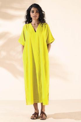 solid v-neck cotton women's calf length dress - yellow