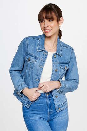 solid v neck cotton women's casual wear jacket - mid blue