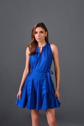 solid v-neck cotton women's crop dress - blue