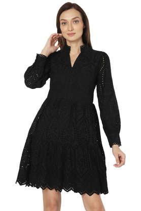 solid v-neck cotton women's dress - black