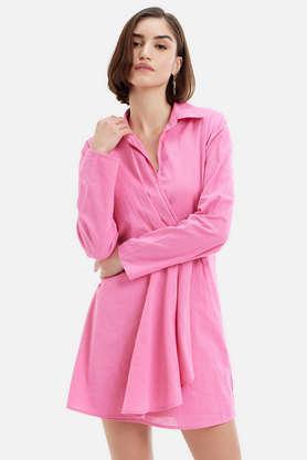 solid v-neck cotton women's dress - pink