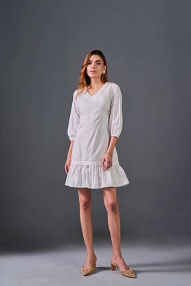 solid v-neck cotton women's knee length dress - white