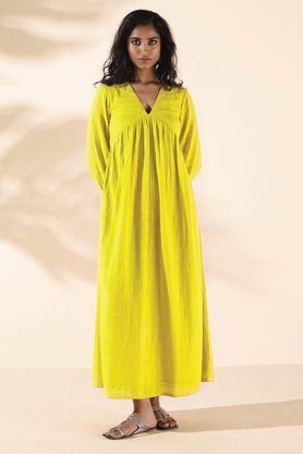 solid v-neck cotton women's knee length dress - yellow