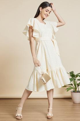 solid v neck cotton women's midi dress - off white