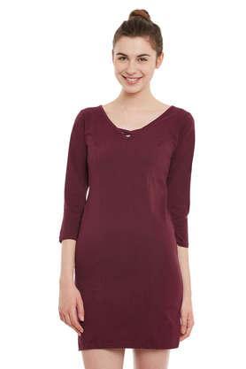 solid v neck cotton women's mini dress - maroon
