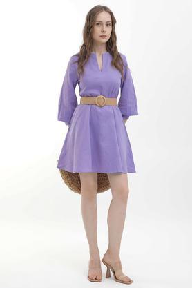 solid v-neck cotton women's mini dress - purple