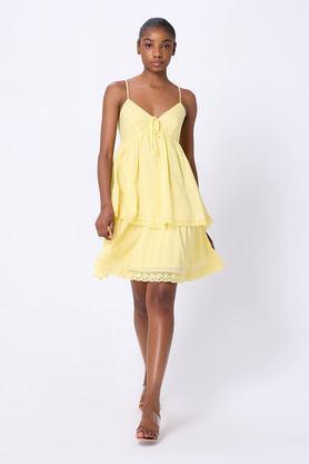 solid v-neck cotton women's mini dress - yellow