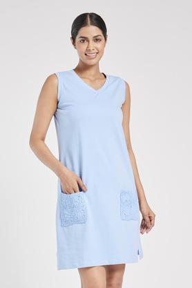 solid v neck cotton women's night dress - blue