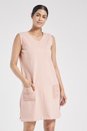 solid v neck cotton women's night dress - coral