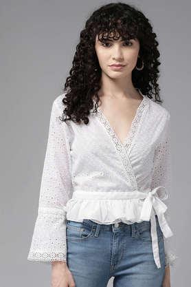 solid v-neck cotton women's party wear shrug - white