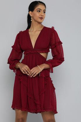 solid v-neck georgette women's above knee dress - maroon