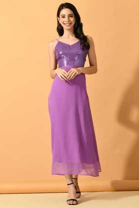 solid v-neck georgette women's ankle length dress - lavender