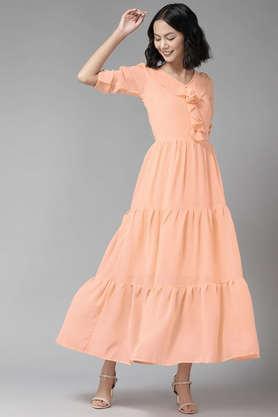 solid v-neck georgette women's calf length dress - peach