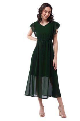solid v-neck georgette women's casual dress - green