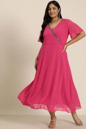 solid v-neck georgette women's dress - magenta